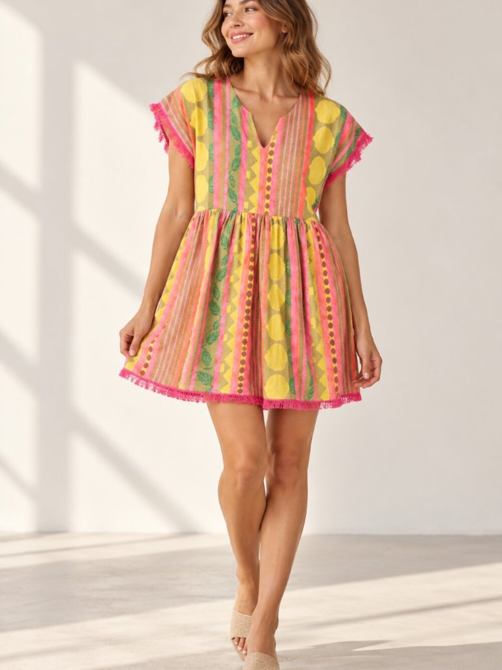Uncle Frank Pink Green Yellow Print Cotton Tunic Dress M